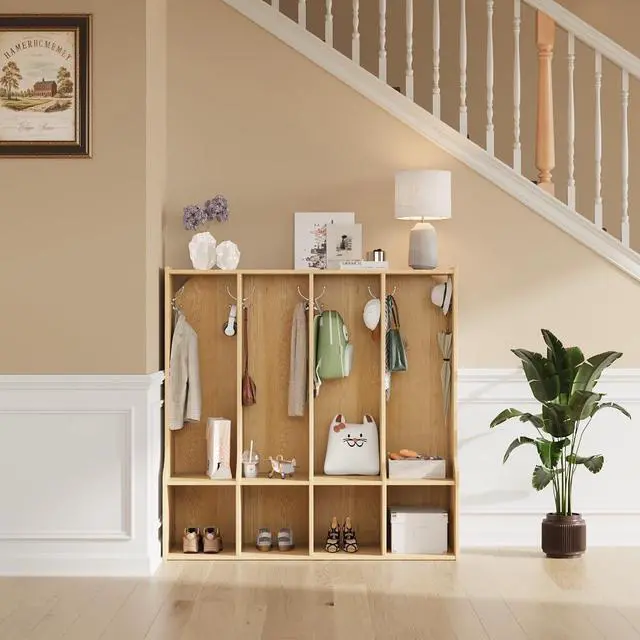 Alt view image 6 of 7 - 4-Section Classroom Coat Locker with 4 Cubbies, Cubby Storage Organizer with 8 Hooks for Home, School, Nursery, Kindergarten, Natural Oak