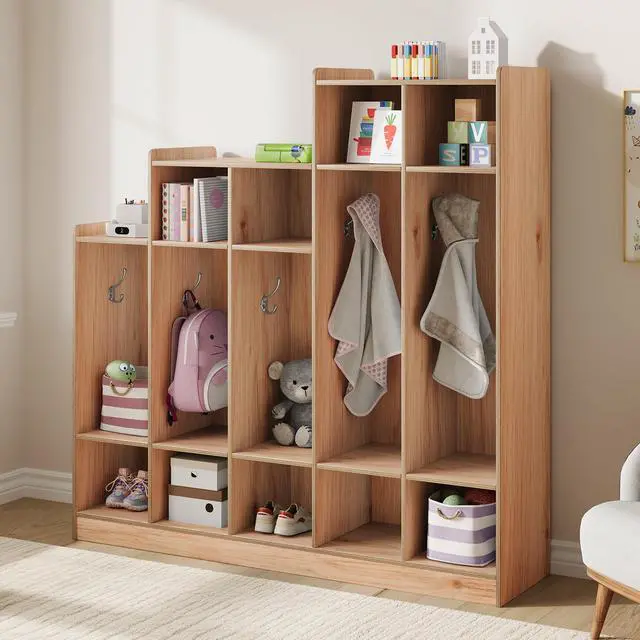 Main image of 5-Section Classroom Coat Locker with 9 Cubbies, Cubby Storage Organizer with 10 Hooks for Home, School, Nursery, Kindergarten, Natural Wood