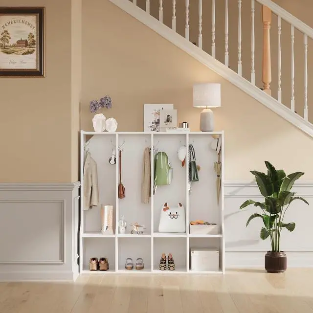 Alt view image 7 of 7 - 4-Section Classroom Coat Locker with 4 Cubbies, Cubby Storage Organizer with 8 Hooks for Home, School, Nursery, Kindergarten, White