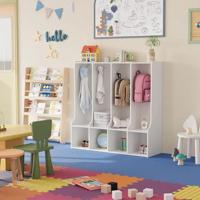 Alt view image 5 of 7 - 4-Section Classroom Coat Locker with 4 Cubbies, Cubby Storage Organizer with 8 Hooks for Home, School, Nursery, Kindergarten, White