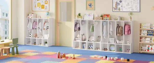 Alt view image 6 of 7 - 4-Section Classroom Coat Locker with 4 Cubbies, Cubby Storage Organizer with 8 Hooks for Home, School, Nursery, Kindergarten, White