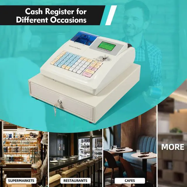 Alt view image 4 of 7 - Cash Register,48 Keys Electronic Cash Register with Cash Drawer,4 Bill 5 Coin Cash Tray with Quick Load Thermal Printer,Cash Drawer with LCM&LED screen, Key,Whit(White-4Bill 5Coin Cash Tray)