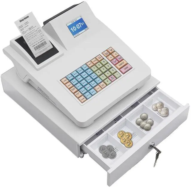 Main image of 48 Keys Electronic Cash Register, Dual-Screen Commercial POS System Thermal Receipt with Printer 8-Digital LED Money Box & PC Connectivity for Retailer Restaurants Supermarket (White)