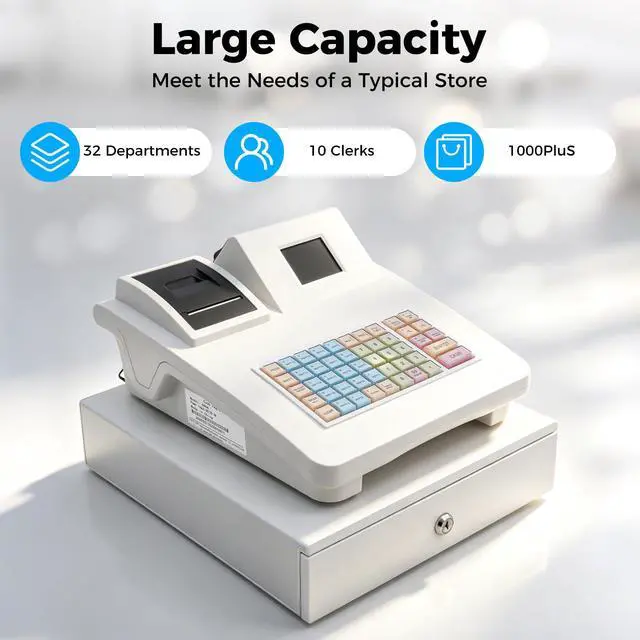 Alt view image 5 of 7 - 48 Keys Electronic Cash Register, Dual-Screen Commercial POS System Thermal Receipt with Printer 8-Digital LED Money Box & PC Connectivity for Retailer Restaurants Supermarket (White)