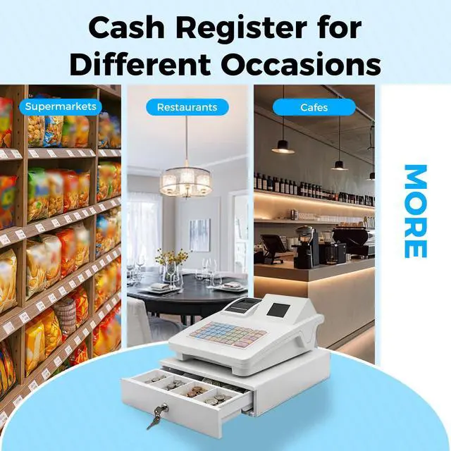 Alt view image 4 of 7 - 48 Keys Electronic Cash Register, Dual-Screen Commercial POS System Thermal Receipt with Printer 8-Digital LED Money Box & PC Connectivity for Retailer Restaurants Supermarket (White)