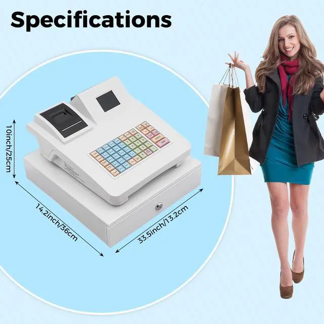 Alt view image 3 of 7 - 48 Keys Electronic Cash Register, Dual-Screen Commercial POS System Thermal Receipt with Printer 8-Digital LED Money Box & PC Connectivity for Retailer Restaurants Supermarket (White)