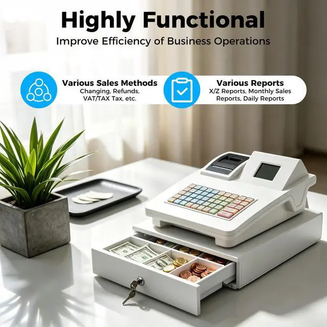 Alt view image 6 of 7 - 48 Keys Electronic Cash Register, Dual-Screen Commercial POS System Thermal Receipt with Printer 8-Digital LED Money Box & PC Connectivity for Retailer Restaurants Supermarket (White)