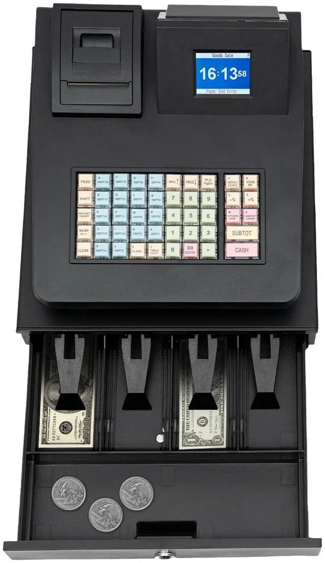 Main image of 48 Keys Electronic Cash Register, Dual-Screen Commercial POS System Thermal Receipt with Printer 8-Digital LED Money Box & PC Connectivity for Retailer Restaurants Supermarket (Black)