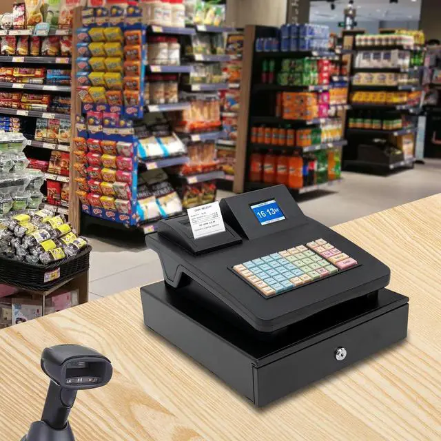 Alt view image 3 of 7 - 48 Keys Electronic Cash Register, Dual-Screen Commercial POS System Thermal Receipt with Printer 8-Digital LED Money Box & PC Connectivity for Retailer Restaurants Supermarket (Black)