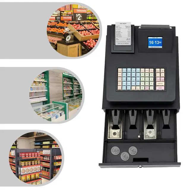 Alt view image 2 of 7 - 48 Keys Electronic Cash Register, Dual-Screen Commercial POS System Thermal Receipt with Printer 8-Digital LED Money Box & PC Connectivity for Retailer Restaurants Supermarket (Black)