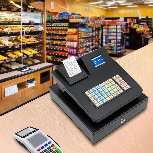 Alt view image 4 of 7 - 48 Keys Electronic Cash Register, Dual-Screen Commercial POS System Thermal Receipt with Printer 8-Digital LED Money Box & PC Connectivity for Retailer Restaurants Supermarket (Black)