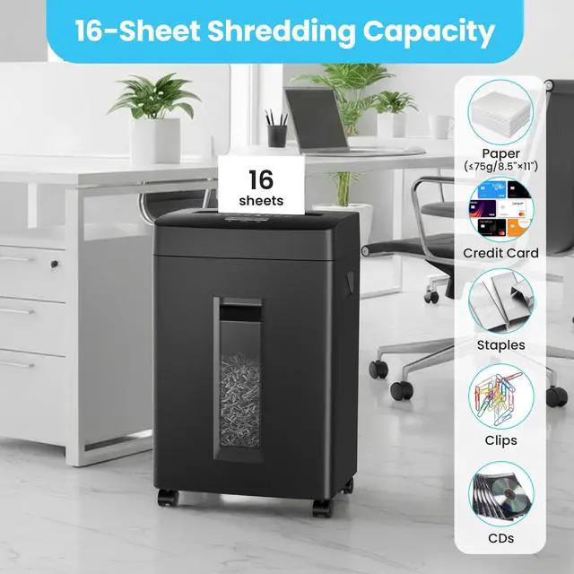 Alt view image 2 of 7 - 16-Sheet Cross Cut Paper Shredder, 6 Gallon Heavy Duty Commercial Shredder for Home Office, P-4 High Security Shredders for Paper/CD/Credit Card/Staple/Clip, 60 Mins Continuous Running