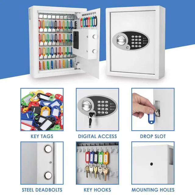 Alt view image 2 of 7 - 48-Key Wall Mount Key Cabinet Safe Digital Keypad Lock Box with Numbered Hooks, Drop Slot, Color Tags & Backup Keys Steel Construction for Home, Office, Business, School, Hotel
