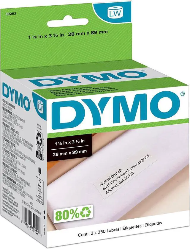 Main image of Authentic LW White Mailing Address Labels, for LabelWriter Label Printers, 1-1/8" x 3-1/2", 2 Rolls of 350 (Pack of 10)