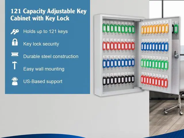 Alt view image 3 of 7 - 121 Position Key Lock Box Hook-Style Cabinet with Numbered Hooks, Key Tags, Log Sheet, Labeled Shelves, Wall Mount, 0.8mm Solid Steel Secure Key Organizer Storage