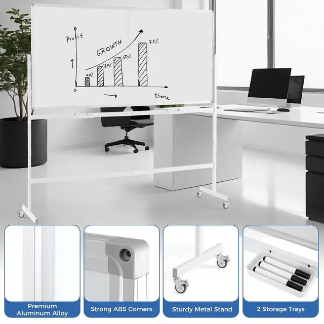 Alt view image 2 of 7 - Double-Sided Mobile Whiteboard on Wheels, 72" x 36" Large Dry Erase Board with Stand & Aluminum Alloy Frame, Rolling Magnetic Standing Whiteboard for Office & Classroom (White)