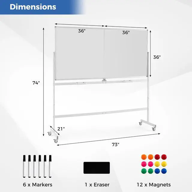 Alt view image 7 of 7 - Double-Sided Mobile Whiteboard on Wheels, 72" x 36" Large Dry Erase Board with Stand & Aluminum Alloy Frame, Rolling Magnetic Standing Whiteboard for Office & Classroom (White)
