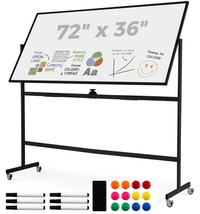 Main image of Double-Sided Mobile Whiteboard on Wheels, 72" x 36" Large Dry Erase Board with Stand & Aluminum Alloy Frame, Rolling Magnetic Standing Whiteboard for Office & Classroom (Black)