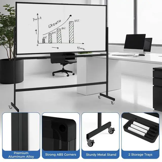 Alt view image 2 of 6 - Double-Sided Mobile Whiteboard on Wheels, 72" x 36" Large Dry Erase Board with Stand & Aluminum Alloy Frame, Rolling Magnetic Standing Whiteboard for Office & Classroom (Black)