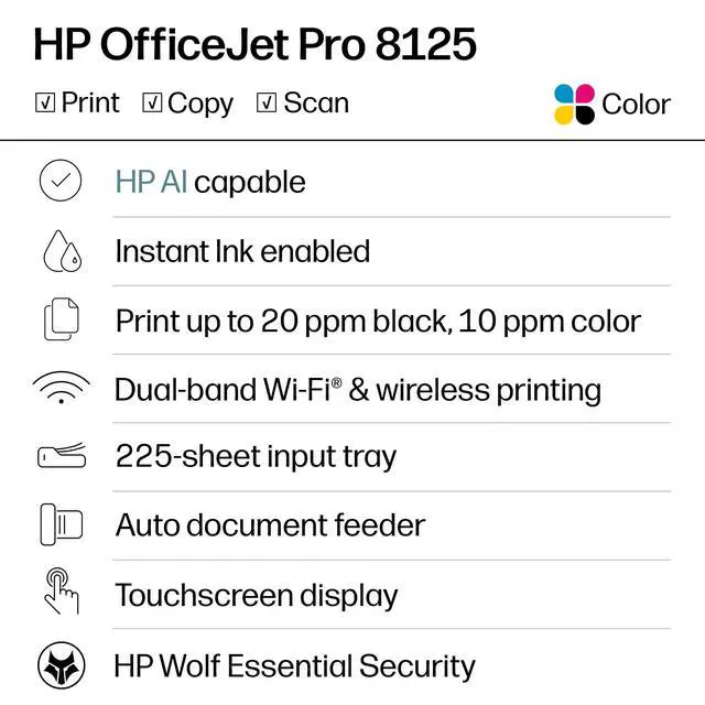 Alt view image 2 of 7 - OfficeJet Pro 8125 Wireless All-in-One Color Inkjet Printer, Print, Scan, Copy, ADF, Duplex Printing Best-for-Home Office, 3 Month Trial of Instant Ink Included, AI-Capable (C2VJ4A)