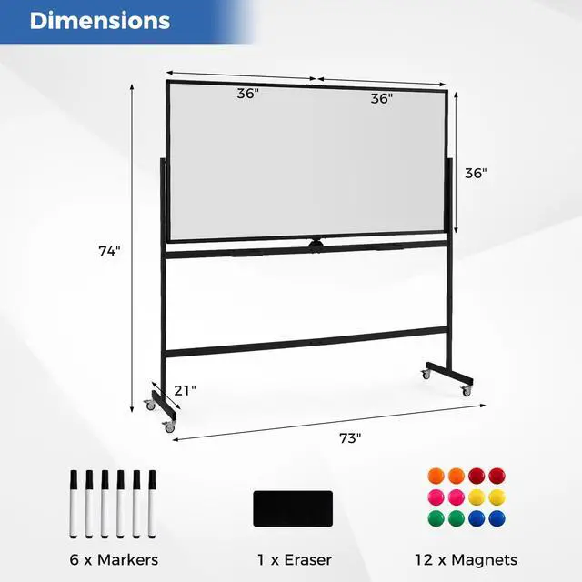 Alt view image 6 of 6 - Double-Sided Mobile Whiteboard on Wheels, 72" x 36" Large Dry Erase Board with Stand & Aluminum Alloy Frame, Rolling Magnetic Standing Whiteboard for Office & Classroom (Black)