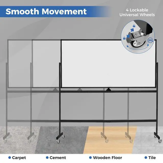 Alt view image 4 of 6 - Double-Sided Mobile Whiteboard on Wheels, 72" x 36" Large Dry Erase Board with Stand & Aluminum Alloy Frame, Rolling Magnetic Standing Whiteboard for Office & Classroom (Black)