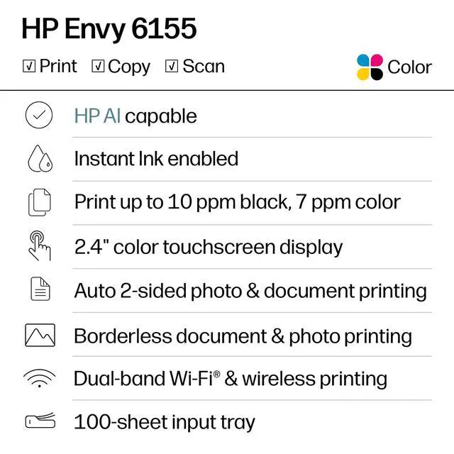 Alt view image 2 of 7 - Envy 6155 Wireless All-in-One Color Inkjet Printer, Print, Scan, Copy, Duplex Printing Best-for-Home, 3 Month Trial of Instant Ink Included, AI-Capable (C2WR7A) Portobello