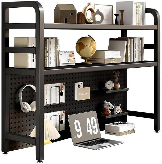 Main image of 2 Layer Desktop Bookshelf for Computer - Multipurpose Metal Hutch Shelf, Wrought Iron Bookcase for Office Supplies Organizer (Black)