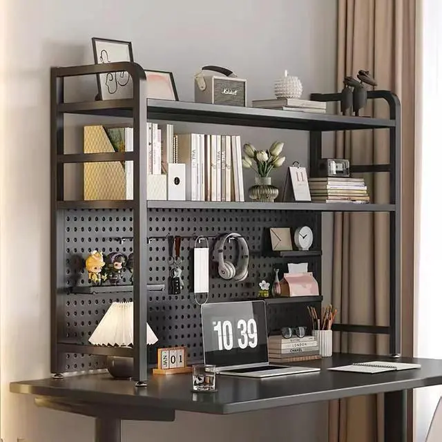 Alt view image 2 of 6 - 2 Layer Desktop Bookshelf for Computer - Multipurpose Metal Hutch Shelf, Wrought Iron Bookcase for Office Supplies Organizer (Black)