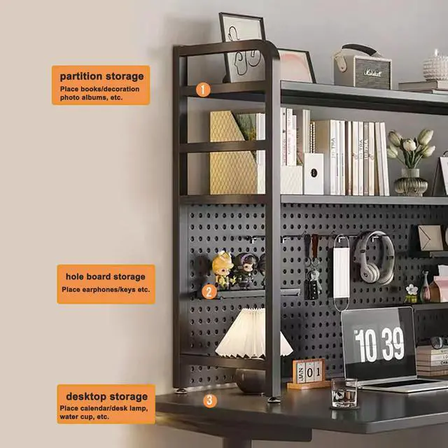 Alt view image 3 of 6 - 2 Layer Desktop Bookshelf for Computer - Multipurpose Metal Hutch Shelf, Wrought Iron Bookcase for Office Supplies Organizer (Black)