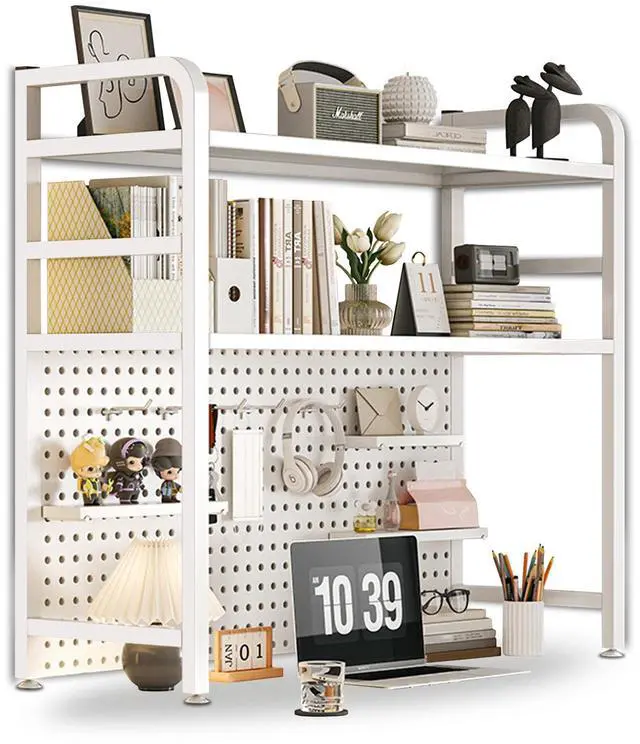 Main image of 2 Layer Desktop Bookshelf for Computer - Multipurpose Metal Hutch Shelf, Wrought Iron Bookcase for Office Supplies Organizer (White)