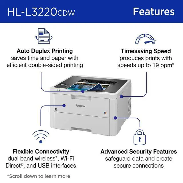 Alt view image 3 of 7 - Color Laser Printer with Wireless Printing Fast 19 PPM Output, Duplex Feature, Mobile Device Compatible, 250-Sheet Paper Tray for Professional Home Office Printing (HL-L3220CDW)