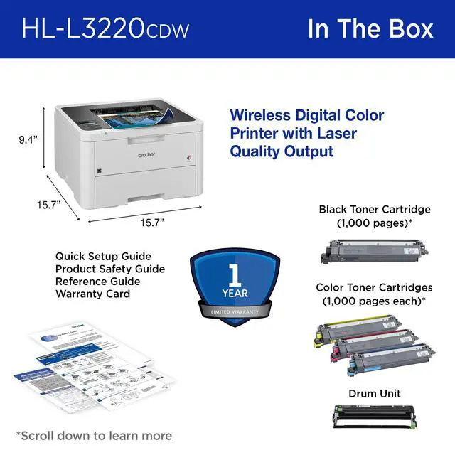 Alt view image 7 of 7 - Color Laser Printer with Wireless Printing Fast 19 PPM Output, Duplex Feature, Mobile Device Compatible, 250-Sheet Paper Tray for Professional Home Office Printing (HL-L3220CDW)