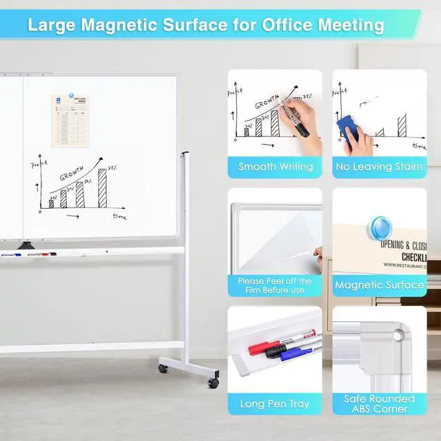Alt view image 5 of 7 - Rolling Whiteboard, 96x48 Large Double-Sided White Board Dry Erase on Wheels, Giant Magnetic White Board Standing for Office, School, Home Office, Homeschool