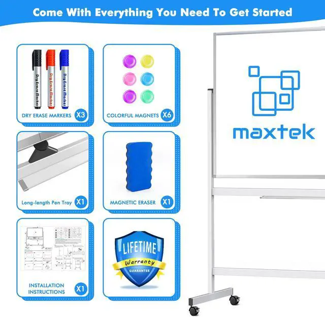 Alt view image 7 of 7 - Rolling Whiteboard,72"x36" White Board with Stands Movable Dry Erase Board on Wheels, Large Double Sided Standing Whiteboard for Office School Classroom Presentation Supplies