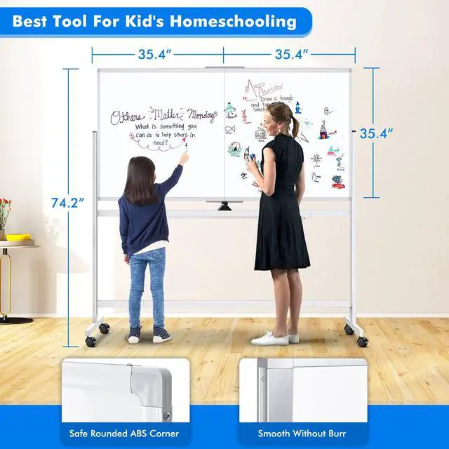 Alt view image 5 of 7 - Rolling Whiteboard,72"x36" White Board with Stands Movable Dry Erase Board on Wheels, Large Double Sided Standing Whiteboard for Office School Classroom Presentation Supplies