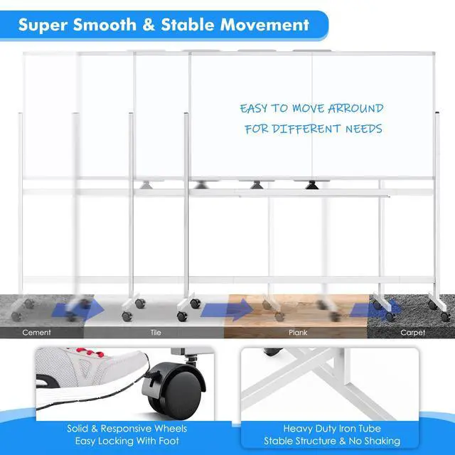 Alt view image 6 of 7 - Rolling Whiteboard,72"x36" White Board with Stands Movable Dry Erase Board on Wheels, Large Double Sided Standing Whiteboard for Office School Classroom Presentation Supplies