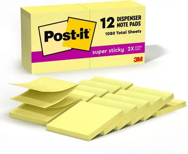 Main image of Super Sticky Dispenser Pop-up Notes,12 Sticky Note Pads,3 x 3 in.,2X The Sticking Power,New Year Organization or Second Semester School Supplies,Canary Yellow,(Pack of 12)