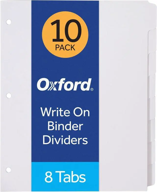 Main image of Binder Dividers for 3 Ring Binders, 8-Tab Dividers, Write On Tabs, White Paper, 10 Count (Pack of 10)