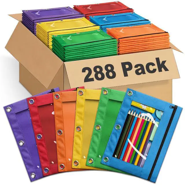 Main image of 288 Pack Bulk 3-Holes Zipper Pencil Pouches for 3 Ring Binder | Sturdy Cloth Pencil Case, Durable, Clear Window, Office, School and College Supplies