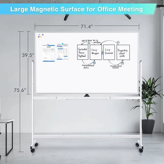 Alt view image 2 of 7 - Rolling Whiteboard 72x40, Large Double-Sided White Board Dry Erase on Wheels, Giant Magnetic White Board Standing for Office, School, Home Office, Homeschool (Sliver)