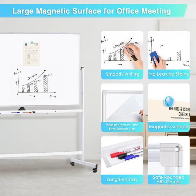 Alt view image 5 of 7 - Rolling Whiteboard 72x40, Large Double-Sided White Board Dry Erase on Wheels, Giant Magnetic White Board Standing for Office, School, Home Office, Homeschool (Sliver)