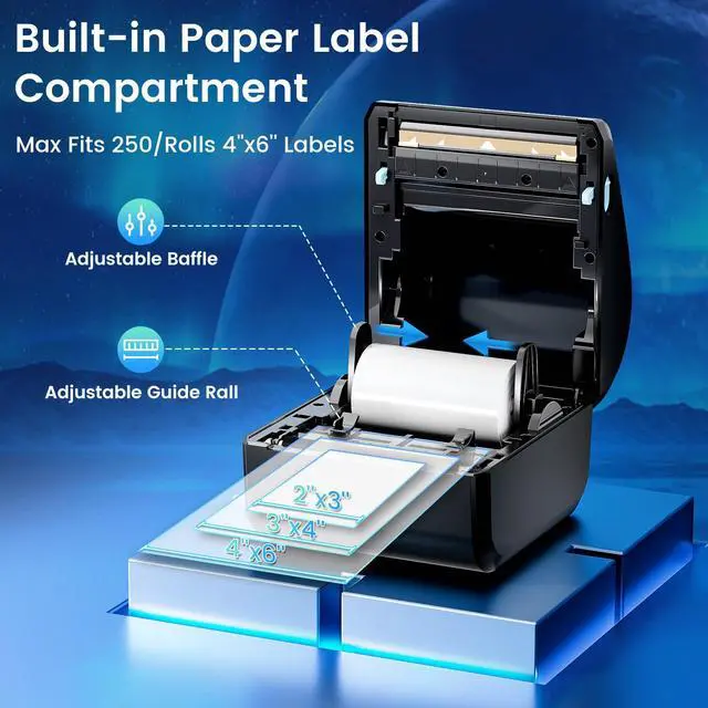 Alt view image 6 of 7 - Bluetooth Shipping Label Printer with 3 Roll Labels | D450BT Thermal Label Printer 4x6 with Built-in Label Bin, Thermal Printers Come with 750PCS 4x6 Labels (250 Labels/Roll)