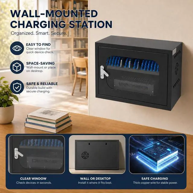 Alt view image 3 of 7 - 20-Device Charging Station, Charging Cabinet for Cellphones & Tablet Computers Charging Cabinet Locking Laptop Storage Box with 2 Keys for Schools, Hotels, Gyms, Supermarkets