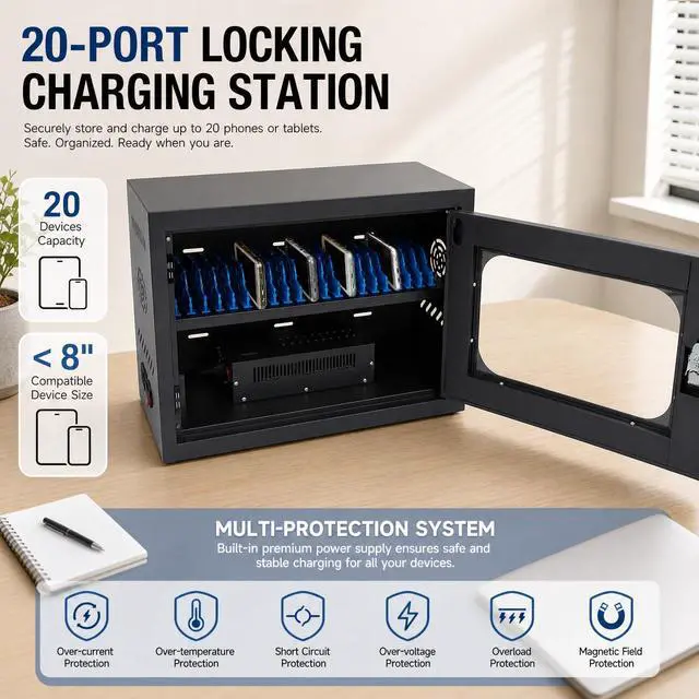 Alt view image 4 of 7 - 20-Device Charging Station, Charging Cabinet for Cellphones & Tablet Computers Charging Cabinet Locking Laptop Storage Box with 2 Keys for Schools, Hotels, Gyms, Supermarkets