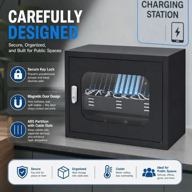 Alt view image 5 of 7 - 20-Device Charging Station, Charging Cabinet for Cellphones & Tablet Computers Charging Cabinet Locking Laptop Storage Box with 2 Keys for Schools, Hotels, Gyms, Supermarkets