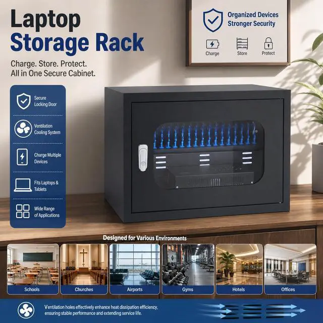 Alt view image 7 of 7 - 20-Device Charging Station, Charging Cabinet for Cellphones & Tablet Computers Charging Cabinet Locking Laptop Storage Box with 2 Keys for Schools, Hotels, Gyms, Supermarkets