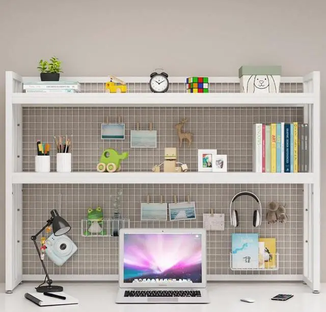 Alt view image 3 of 7 - Wood Desk Hutch Bookshelf with Metal Grid, Desktop Bookcase with Adjustable Height Tabletop Shelf Organizer Rack with Large Capacity White for Study Room Dormitory