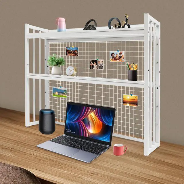 Alt view image 4 of 7 - Wood Desk Hutch Bookshelf with Metal Grid, Desktop Bookcase with Adjustable Height Tabletop Shelf Organizer Rack with Large Capacity White for Study Room Dormitory