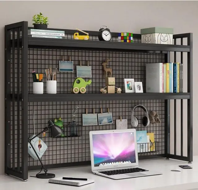 Main image of Desk Hutch Bookshelf with Adjustable Height, Desktop Book Shelf with Metal Grid Tabletop Display Shelf Organizer with Large Capacity Black for Home Dormitory